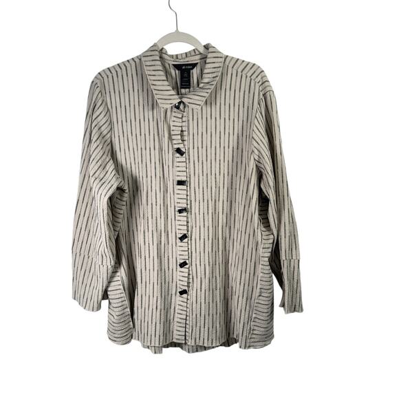Ali Miles Cream Black Striped Button Front Tunic Shirt Artsy Boho Womens 1x - Picture 1 of 6